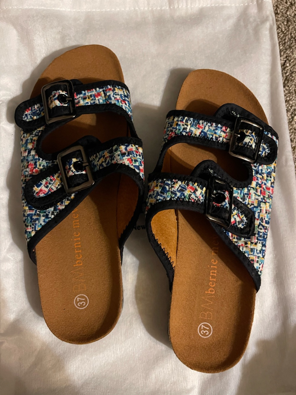 bernie mev. Multicolor Woven Double-Buckle Slide Sandals